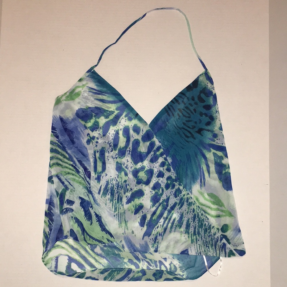 Blue & Green Printed Halter Wrap Tank Top